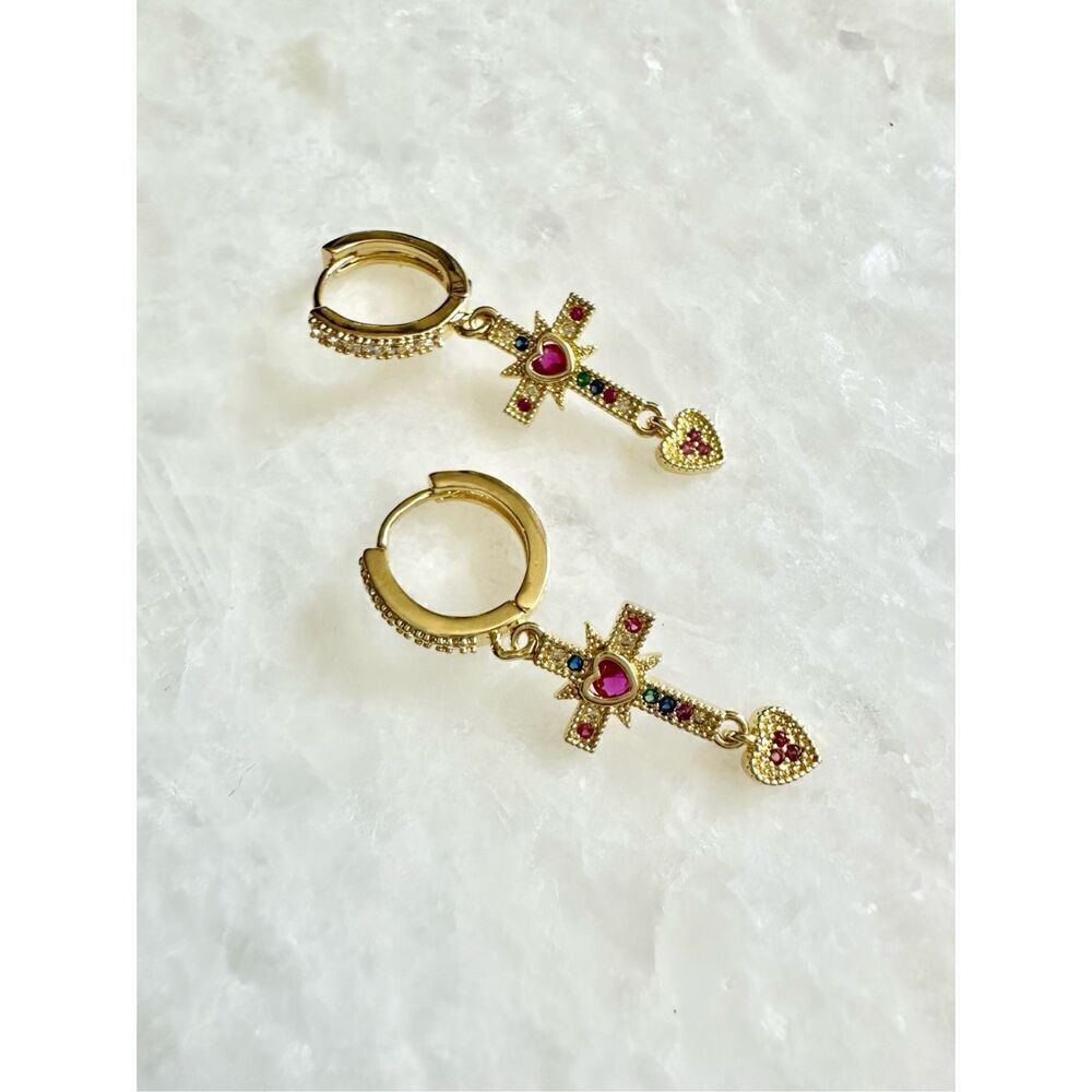 Gold cross with multi color cubic zirconia and heart detail dangle earrings